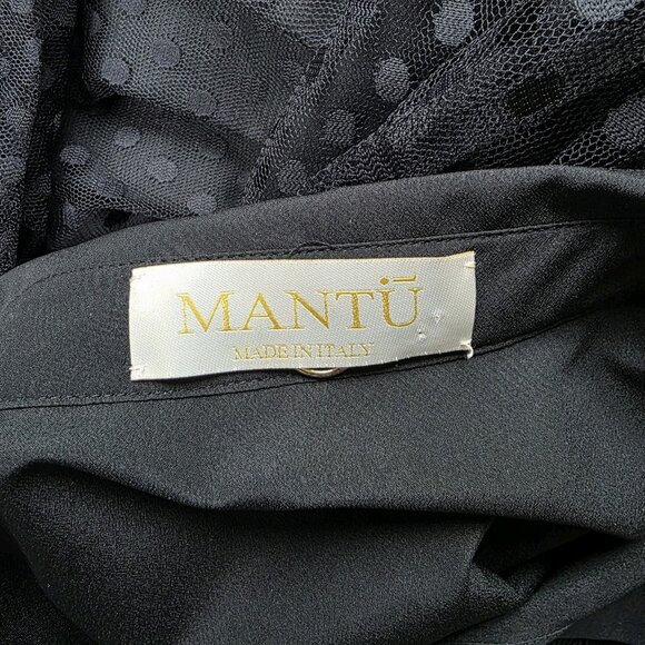 MANTU Made In Italy Black Dress Lace Dot Overlay Pleated Skirt Collared Designer - Picture 5 of 6
